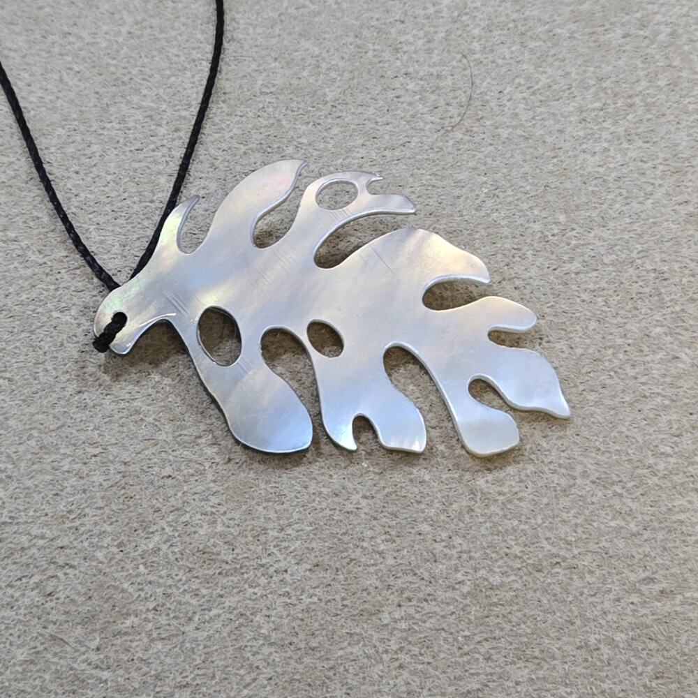 Carved Oyster Shell Hawaiian Monstera Pendant Delicate 17" Cord Necklace - Picture 7 of 11